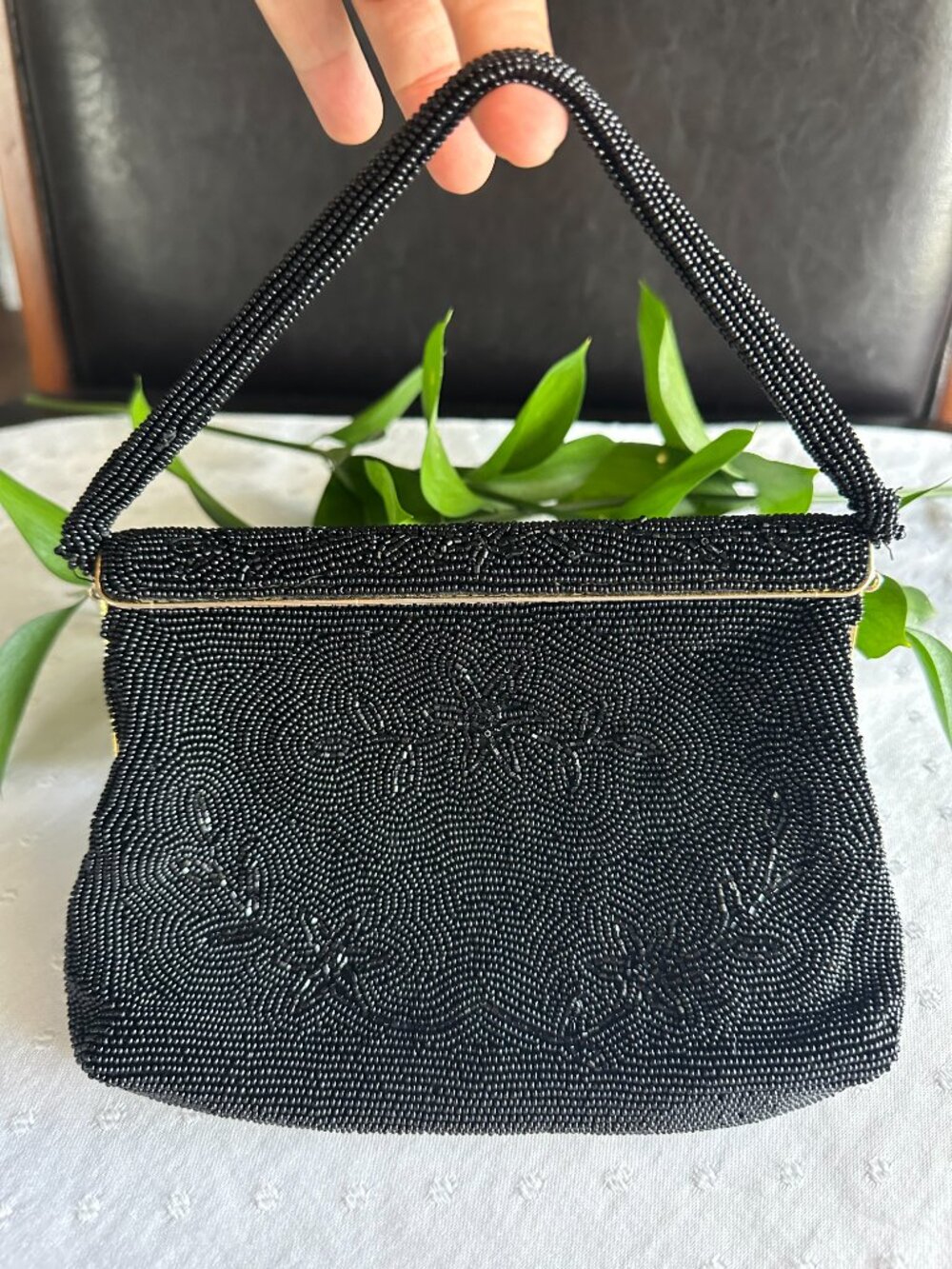 Vintage 1950s DeLill Black Beaded Handbag-Floral Bugle & Seed Bead Evening Purse